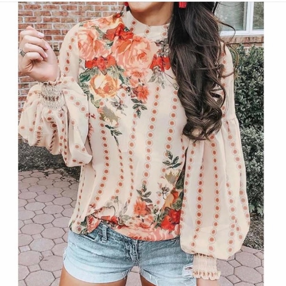 Floral Print Round Choker Neck Chiffon Blouse